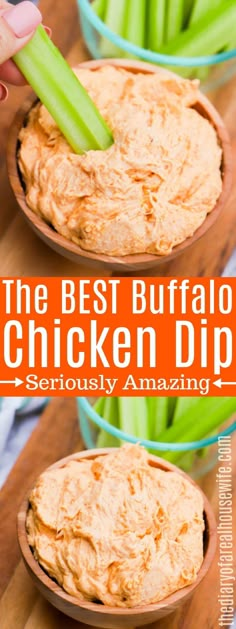 the best buffalo chicken dip with celery in bowls