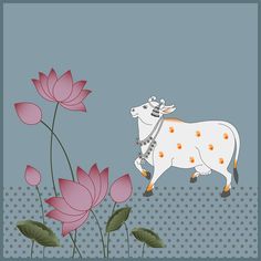 a cow standing next to pink flowers on top of a blue background with polka dots