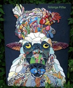 a painting of a sheep with feathers on it's head and the words solancee pitter above it