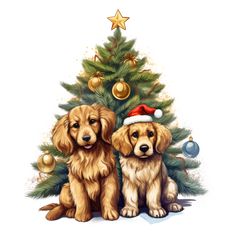 two dogs sitting next to each other in front of a christmas tree with ornaments on it