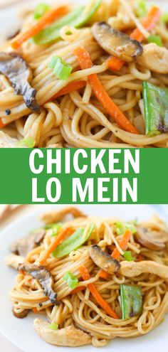 chicken lo mein with carrots and mushrooms on a white plate