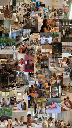 a collage of photos with people sitting and standing