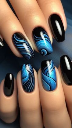 New Nail Techniques, Black And Blue Nails, Pink White Nails, Pretty Nail Designs, Skin Nails, Blue Nail Designs, Blue Nail, Short Acrylic Nails Designs