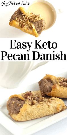 easy keto pecan danish cookies on a white plate with the words easy keto pecan danish