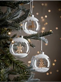 three glass ornaments hanging from a christmas tree