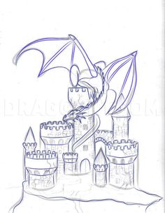 a drawing of a dragon sitting on top of a castle with its wings spread out