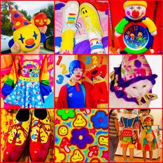 there are many different pictures of clowns in this collage, including shoes and toys