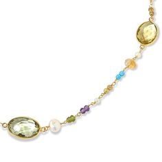 Colleen Lopez Goldtone Multigemstone Station 36" Chain Necklace  Add an artistic touch to any ensemble with this colorful, multigemstone chain necklace. The 36" piece may be worn long or doubled over for a lovely, layered look. Gemstones include purple amethyst, lemon quartz, blue topaz, green prasiolite, yellow citrine, blue howlite, green peridot, gold-colored pyrite and white pearl.       Approx. 36"L x 1/2"W      Stamped .925; goldtone finish     Hook closure     Goldtone, sterling silver ch Multicolor Gemstone Lariat Jewelry, Multicolor Oval Necklace With Gemstone Accents, Multicolor Oval Necklaces With Gemstone Accents, Oval Multicolor Necklaces With Gemstone Accents, Elegant Multicolor Long Necklace With Natural Stones, Blue Howlite, Sterling Silver Chain Necklace, Yellow Citrine, Green Peridot