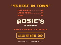 the best in town menu for rose's and boston fried chicken & biscuits