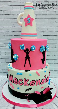 a three tiered cake with blue and pink decorations