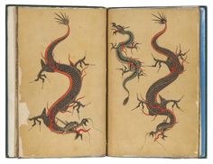 an open book with two dragon designs on it