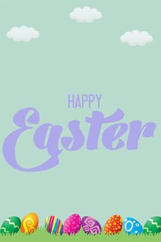 an easter card with colorful eggs on the grass and clouds in the sky behind it