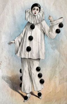 a drawing of a woman dressed in white with pom poms