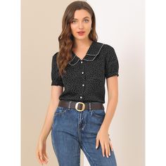 This vintage shirt with a Peter Pan collar and polka dot design adds to the beauty and charm of a woman. Polka dots and a Peter Pan collar bring casual romance to this puff-sleeve shirt. Suitable for daily casual, weekend gatherings, dating, office, and work. It is perfectly paired with jeans or skirts for a retro and chic look. A puff sleeve and embroidered decor add ebullient charm to this polka-dot top. Puff sleeves instantly elevate this retro shirt and make it a sophisticated choice for day Polka Dot Collared Summer Tops, Summer Polka Dot Collared Tops, Trendy Polka Dot Short Sleeve Tops, Trendy Short Sleeve Tops With Polka Dot Pattern, Retro Polka Dot Short Sleeve Blouse, Casual Polka Dot Collared Blouse, Retro Polka Dot Collared Tops, Casual Collared Blouse With Polka Dot Pattern, Polka Dot Collared Top With Button Closure