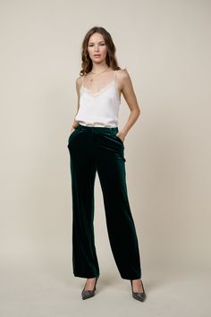 A pair of velvet pants will always look right when getting dressed up in the cooler months. This one's done in a wide-leg silhouette that's polished yet comfortable, elasticized at the back waistband for a precise fit. Go plush from head to toe by adding our velvet blazer on top. AVAILABLE IN PLUS •Zip fly •Slant front pockets •Wide-leg silhouette •Elasticized back waistband •Welted back pockets DIMENSIONS •Standard: 29" Inseam Length Item number 73389 90% Polyester 10% Spandex Loosely Fitted Green Wide Leg Pants For Fall, Green Wide Leg Full Length Pants For Party, Elegant Green Long Pants, Green Wide-leg Pants For Formal Occasions, Elegant Velvet Pants For Night Out, Green Wide-leg Pants For Night Out, Chic Green Pants For Night Out, Formal Green Pants For Fall, Chic Velvet Trousers