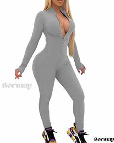 Bormay - Stylish V-Neck Zippered Jumpsuit with Long Sleeves Jumpsuit With Long Sleeves, Zipper Jumpsuit, Collar Jumpsuit, Jumpsuit Fitted, Tank Romper, Long Sleeve Jumpsuit, One Piece Bodysuit, Jumpsuit Romper, Length Sleeve