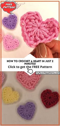 crocheted hearts with text overlay that says how to crochet a heart in just 2 click to get the free pattern