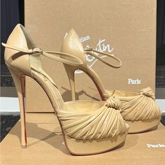 Nude Leather Platforms Beige Leather Heels With Red Sole, Beige Leather-lined Heels For Evening, Beige Leather Lined Heels For Evening, Beige Evening Heels With Leather Lining, Evening Beige Heels With Leather Lining, Fun Heels, Red Bottom, Shoe Art, Red Bottoms