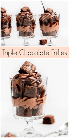 triple chocolate trifles in glass bowls with spoons