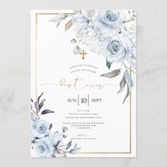 Dusty Blue Watercolor Flowers Baptism Invitation Size: 5" x 7". Gender: unisex. Age Group: adult. Material: Semi-Gloss. Blue Watercolor Flowers, Christening Invitation, Watercolor Roses, Baptism Invitation, Boy Baptism, Baptism Invitations, Rustic Invitations, Watercolor Invitations, 1st Birthday Invitations