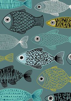 a bunch of fish that are on a blue background with black and yellow lines in the middle