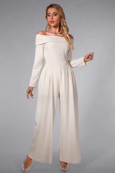 Off-shoulder Jumpsuits And Rompers For Evening Spring Events, Casual Strapless Jumpsuit For Spring Evenings, Casual Strapless Jumpsuit For Evening In Spring, Chic Off-shoulder Jumpsuits And Rompers In Solid Color, White Off-shoulder Jumpsuits And Rompers For Evening, Chic Off-shoulder Solid Jumpsuits And Rompers, Chic Solid Color Off-shoulder Jumpsuit, Solid Color Strapless Wide Leg Jumpsuit For Party, Chic Off-shoulder Solid Jumpsuit