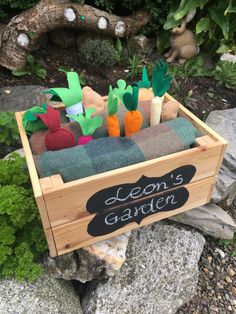 a wooden garden box filled with carrots and veggies sitting on top of rocks