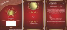 a red and gold brochure with an ornate design on the front, back and side