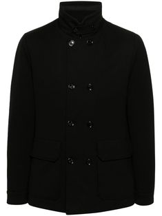 black mock neck long sleeves buttoned cuffs two front flap pockets double-breasted button fastening detachable panels internal zip-fastening pocket full lining straight hem Black Outerwear With Stand Collar And Button Closure, Luxury Long Sleeve Pea Coat With Button Closure, Black Double-breasted Outerwear With Button Closure, Classic Outerwear With Stand Collar And Buttons, Luxury Double-breasted Outerwear With Button Cuffs, Formal Pea Coat With Stand Collar And Button Closure, Wool Outerwear With Stand Collar And Buttons, Luxury Black Blazer With Button Cuffs, Black Stand Collar Blazer With Button Closure