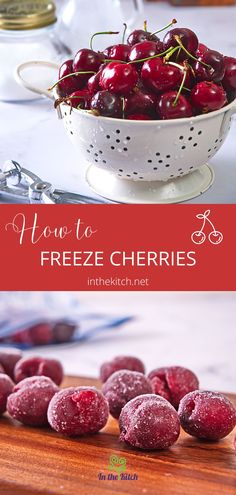 frozen cherries in a colander with text overlay how to freeze cherries