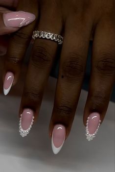 Nails | Inspo | Aesthetic | Ideas | Pink | Summer French Manicure Acrylic Nails Almond, Almond French With Pearls, Pearl Almond Acrylic Nails, Almond Pearl French Tip Nails, Birthday Nail Ideas Almond, Almond French Tip With Pearls, Pearl Prom Nails, Acrylics With Pearls, Chrome French Tip Toes