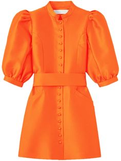 carrot orange satin finish collarless front button fastening fitted waistline three-quarter length sleeves straight hem thigh-length Neon Orange Dress, Gul Hurgel, Hunter Bell, Orange Satin, Orange Dress, Mini Dress With Sleeves, Knit Jacket, Cinched Waist, Three Quarter Sleeves