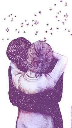 two people hugging each other with stars in the background