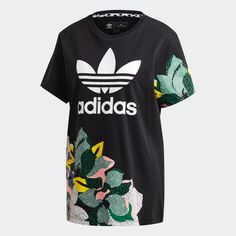 Loose Fit Crewneck 100% Cotton Single Jersey Floral-Print T-Shirt Single Jersey Colour: Black Size Medium New Without Tags Puma Shirts, Adidas Tee, Loose Tees, Adidas Shirt, Adidas Online, Black Adidas, Classic Shirt, Oversized Tshirt, Adidas Women