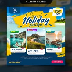 a flyer for a holiday sale with images of the beach and mountains in the background