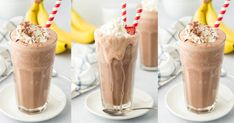 three different shots of chocolate milkshake with whipped cream and bananas in the background