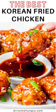 the best korean fried chicken is being drizzled with sauce