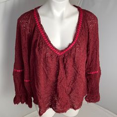 Free People Darcy Eyelet Lace Boho Peasant Blouse. New Without Tags. Burgundy With A Hot Pink Velvet Ribbon Detail Around Neckline And Around Arms. Smoke Free Home. The Person This Belonged To Just Buys Everything From Free People Without Trying On, Rips The Tags Off, It Didn’t Fit, She Gives It To Me To Sell For Her. #Lc Casual Lace Trim Blouse For Festivals, Long Sleeve Crochet Trim Top For Festival, Long Sleeve Tops With Crochet Trim For Festival, Festival Tops With V-neck And Lace Trim, Festival V-neck Top With Lace Trim, V-neck Lace Trim Blouse For Festival, Spring Red Tops With Crochet Trim, Fall Peasant Top With Lace Trim, Red Tops With Crochet Trim For Spring