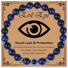 PRICES MAY VARY. Evil Eye Beaded Bracelet: Evil Eye Bracelets symbol for luck, good fortune, protection, happiness and prosperity. It is said that wearing this blue evil eye bracelet could be a protection amulet to ward off misfortune and can bring good luck when entering a potentially negative environment(Our Evil Eye Bracelet comes with a beautiful gift box and gift card) Lapis lazuli Stone Bracelet for Protection: Tiger Eye Stone on our Evil Eye Bracelet has a definite effect on removing nega Evil Eye Bracelet For Men, Evil Eye Beaded Bracelet, Amulet Jewelry, Prosperity Bracelet, Luck Spells, Eye Bracelets, Bracelet Evil Eye, Good Luck Bracelet, Evil Eye Protection