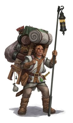 an old man with a large bag on his back holding a lamp and a stick