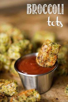 broccoli tots in a small metal bowl with dipping sauce