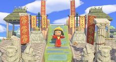 a cartoon character is standing in front of some stone statues and pillars with red banners