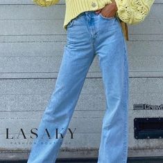 Lasaky - High-Waisted Wide Leg Jeans - Dark High Waist Winter Bottoms For Day Out, High-waist Winter Bottoms For Day Out, High Waist Bottoms For Winter Day Out, Casual High Rise Yellow Pants, Casual Yellow High Rise Pants, Yellow Wide Leg Jeans For Fall, Yellow Denim Bottoms For Fall, Casual Winter Yellow Bottoms, High Waisted Wide Leg Jeans