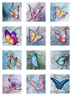 six different colored butterflies sitting on top of a metal wall mounted art piece with swirly designs