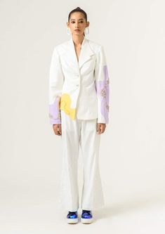 Siddhant Aggarwal-White Patched Wide Leg Trouser-INDIASPOPUP.COM Lilac And Yellow, Lilac Blazer, Ivory Suit, Trousers Women Wide Leg, London College Of Fashion, White Patches, White Velvet, Satin Color, Indian Fashion Designers