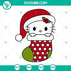 a hello kitty christmas stocking with polka dots and a bow on it's head