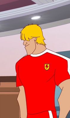 a cartoon man in a red shirt and white shorts