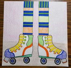 a drawing of roller skates with colorful socks