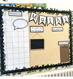 a bulletin board with writing on it and green ivys around the edges that spell out maths