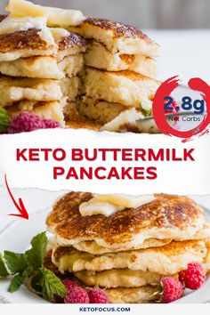 the keto buttermilk pancakes are stacked on top of each other with raspberries